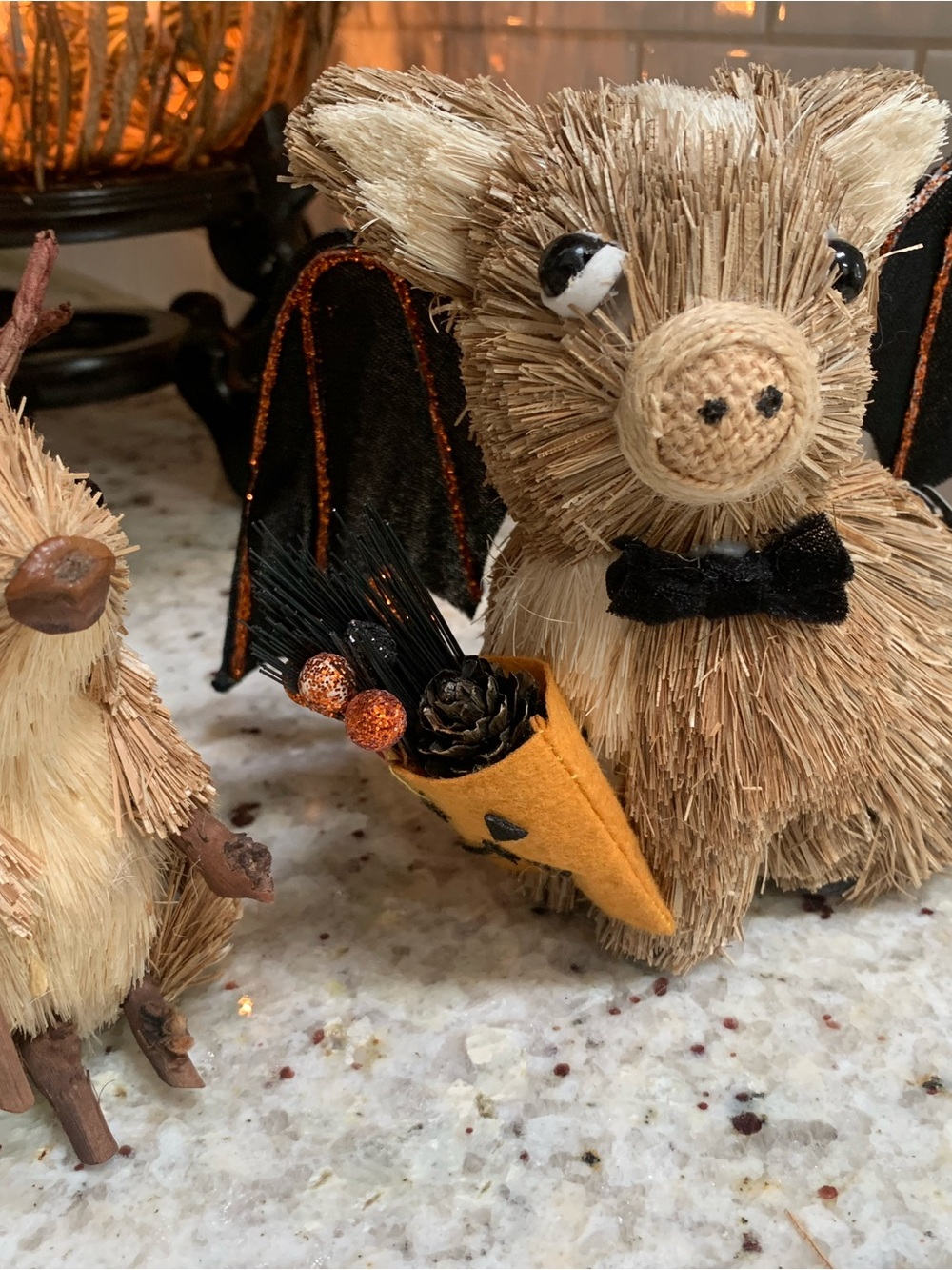 Autumn Harvest Straw Bat Figurine with Orange Felt Cone